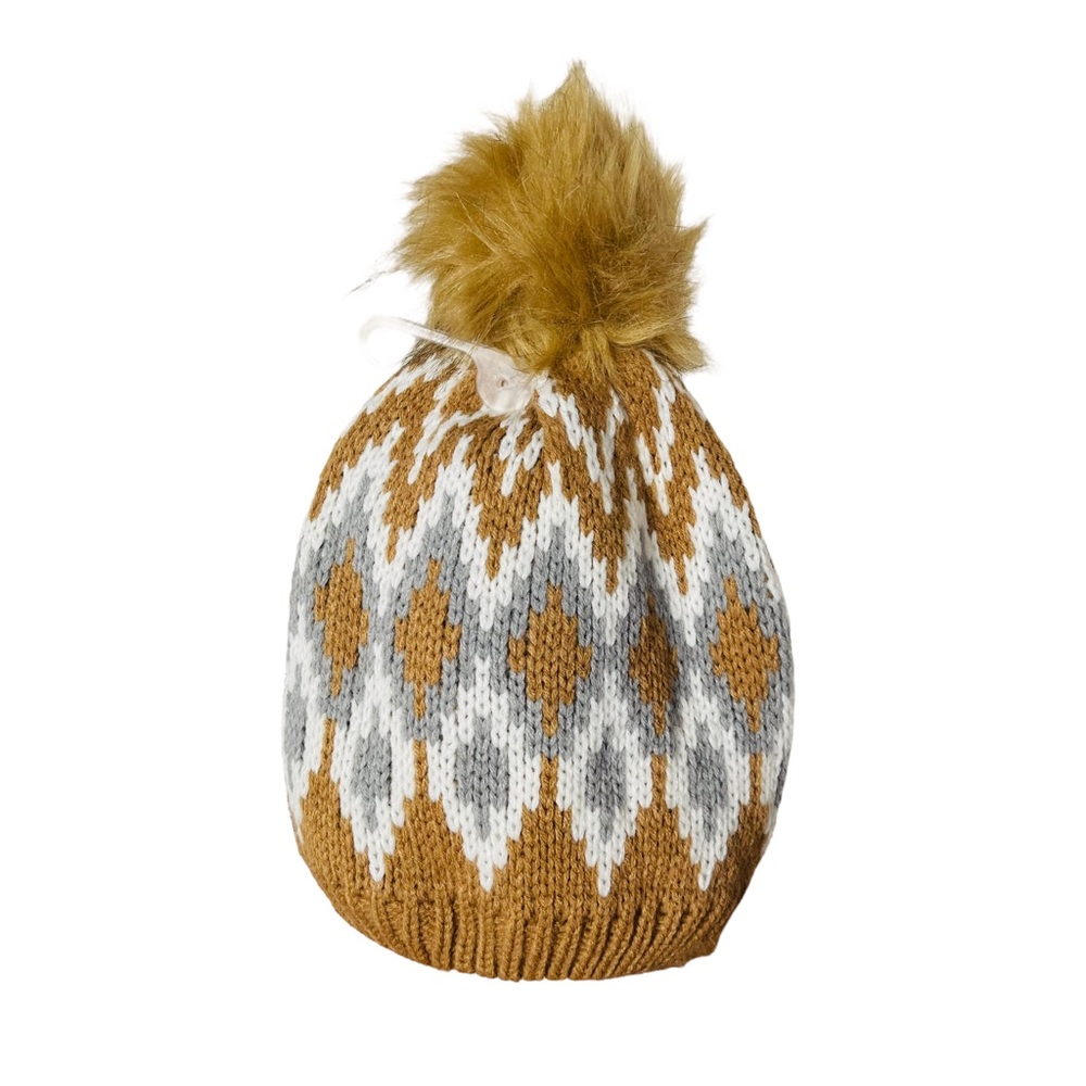 LOFT outlet knit winter beanie Nordic pattern faux fur Pom Pom fall holiday